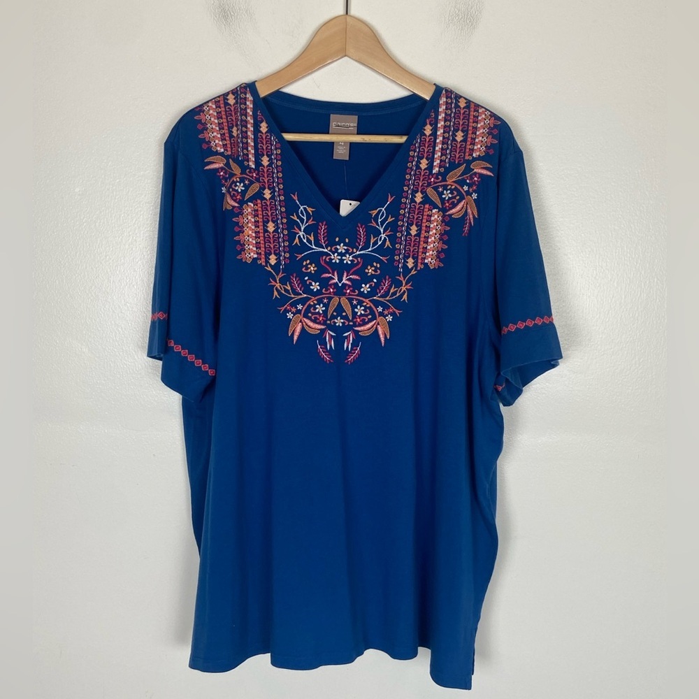 Chico's Embroidered V-Neck Short Sleeves Top Size 4 US XXL Blue‎ Cotton Boho